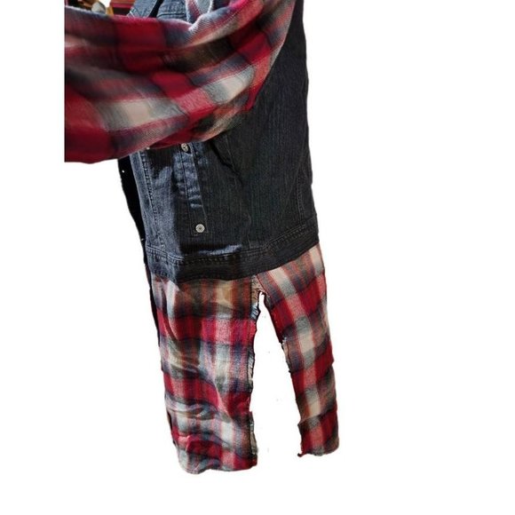 Upcycled Denim Jacket*Recycle Jean Jacket*Large*Upcycled Jean Plaid Flannel Jack - Picture 7 of 7